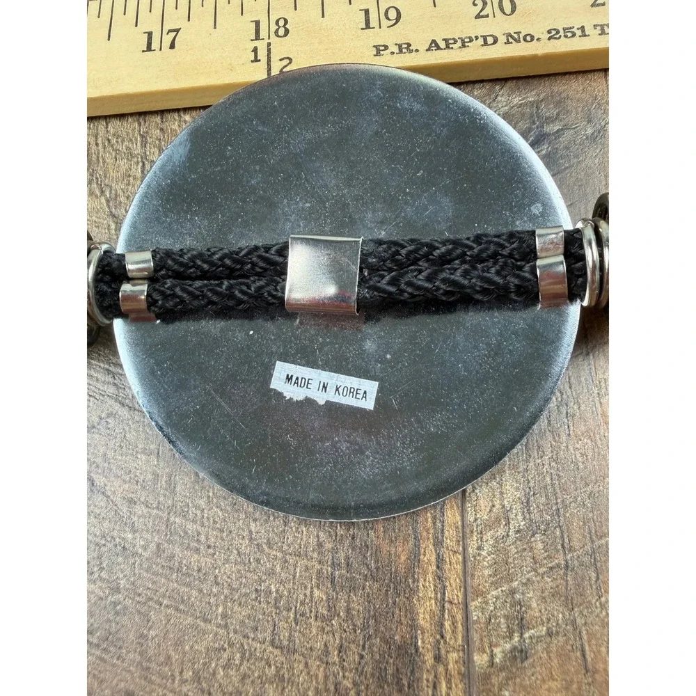 Vintage 80s‎ Black Cord Belt Silver Coil Spring Chain Disc Flower Made Korea